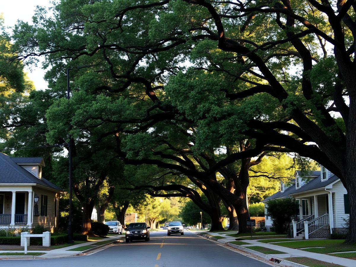 Tree-lined residential street in Austin, Texas with older homes and sidewalks