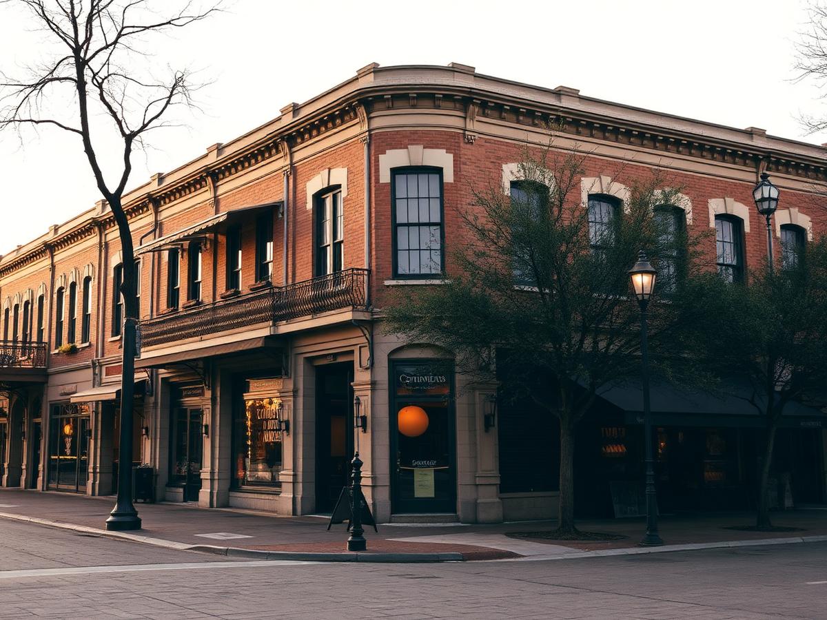 Historic courthouse square in downtown Georgetown, Texas with restored storefronts